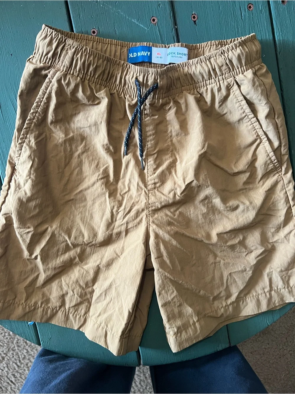 Old Navy Men's Khaki Swim Trunks with Navy Drawstring